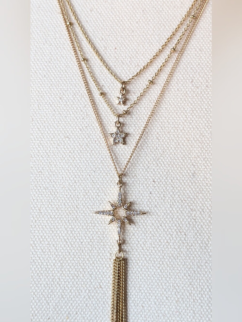 Express Gold Layered Celestial Star Tassel Necklace NWOT Rhinestone Y-Lariat